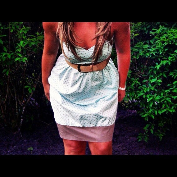 Strapless Dress with Blue and Soft Brown Poka Dots - Sweet  Heart Neckline Perfect Sun Dress