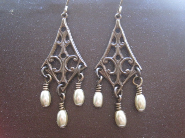 Vintage Style Brass Earrings with Tiny Pearls