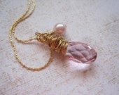 Swarovski Briolette 14KT Gold Plated Necklace wire wrapped with Pink Pearl