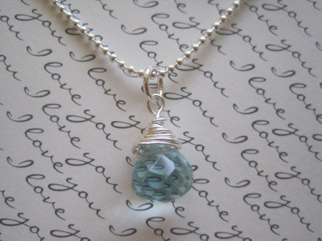 Sterling Silver Aqua Blue Quartz Wire Wrapped Necklace- Bride Wedding