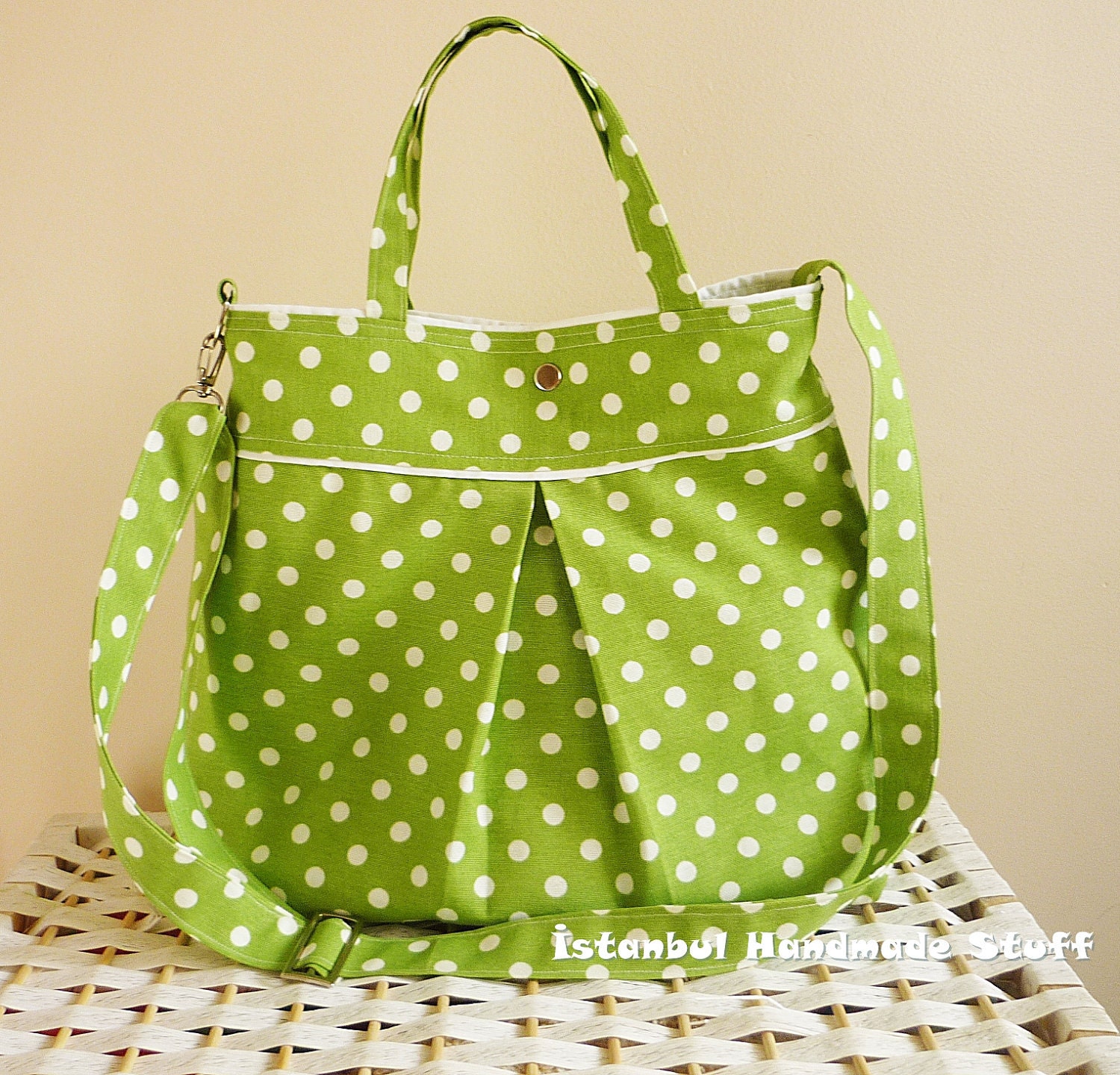 Lime Green with White Polka Dots Medium Handbag / Diaper bag / Shoulder Bag / Cross body bag / Travel Bag with adjustable strap