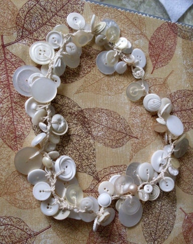 Summer White Pearl Vintage Button Necklace  LJO Collection Button Jewelry