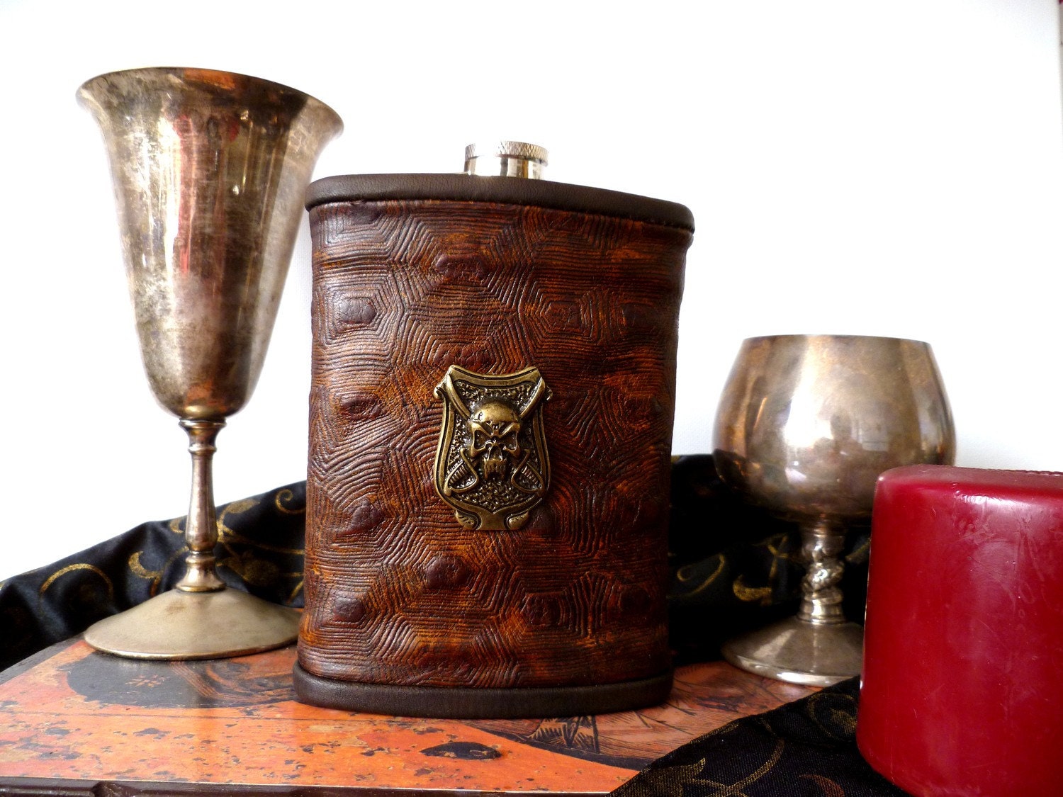 Unique Renaissance Pirate Leather Flask with Bronze Pirate Shield Emblem - jattreasury
