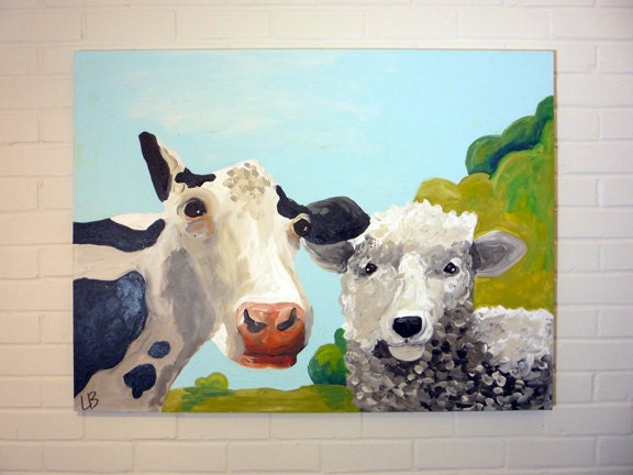 Large Farm Animal Painting, Cow and Sheep, 30x40 Acrylic on Canvas