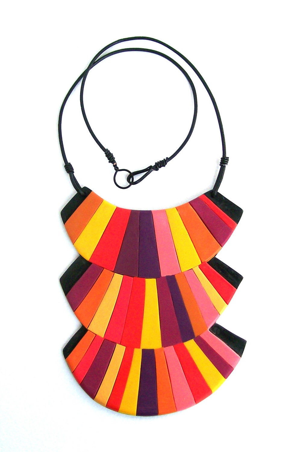 Circus bib statement necklace - bold colorful striped polymer clay necklace in pink, purple, red, orange and yellow hues one-of-a-kind