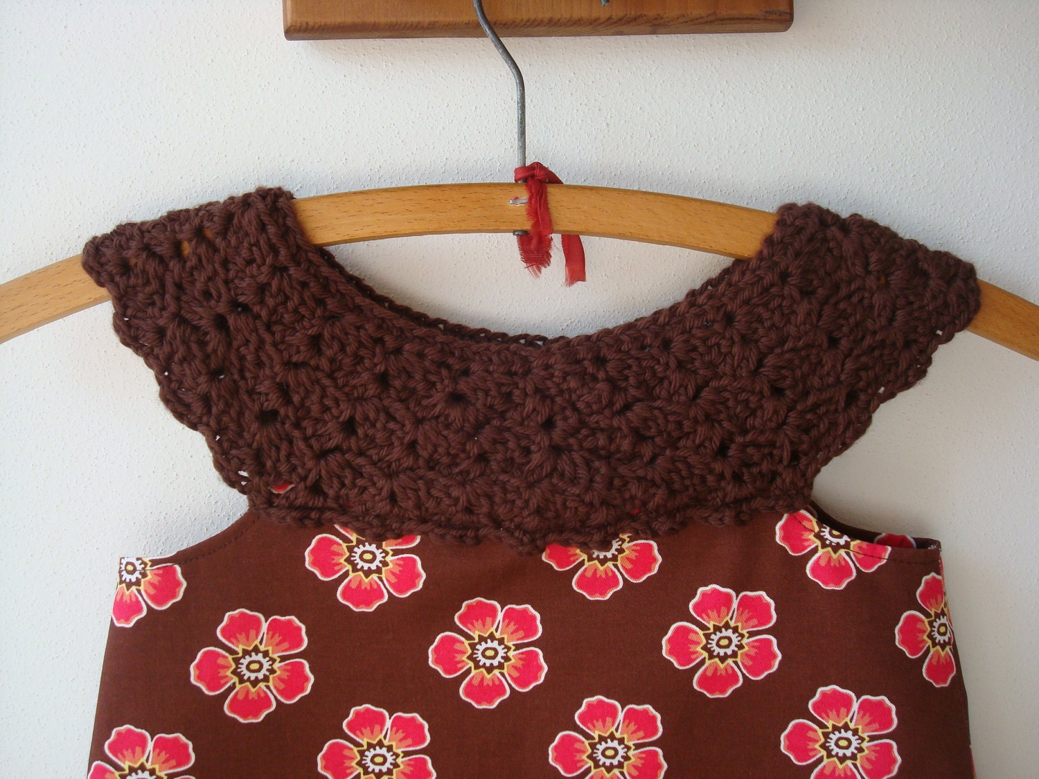 Springtime Easter Crochet Top Sleeveless Sundress --Size 4T-- Chocolate Brown & Salmon Pink Floral Print Fabric - Ready to SHIP
