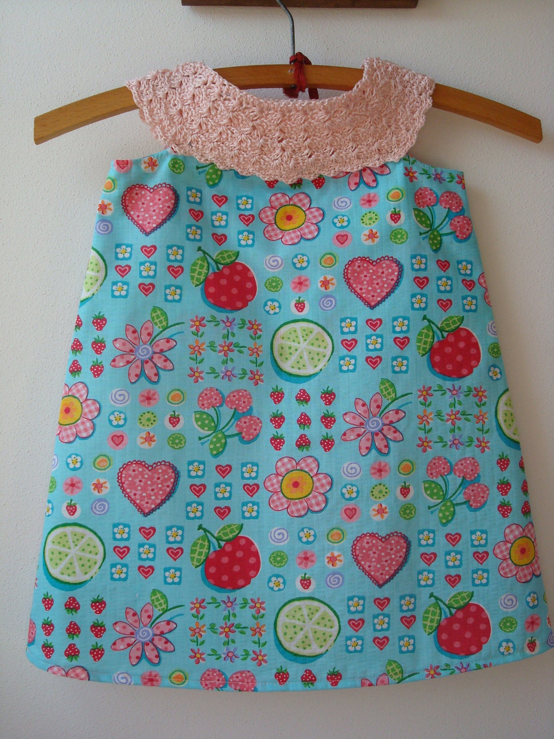 Springtime Easter Crochet Top Sleeveless Sundress --Size 2T-- Tootie Fruity Pink Blue Hearts & Flowers Fabric - Ready to SHIP