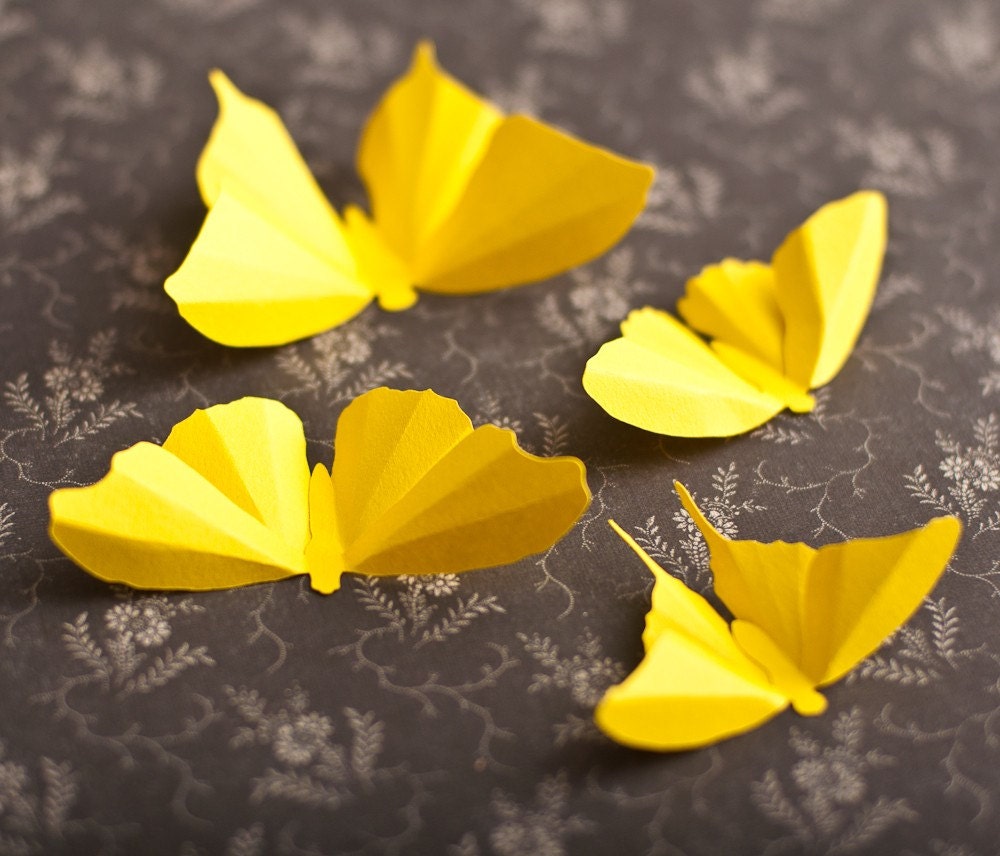 3D Wall Butterflies, 10 Lemon Yellow Butterfly Silhouettes for Home Art Decor, Nursery, Children's Room