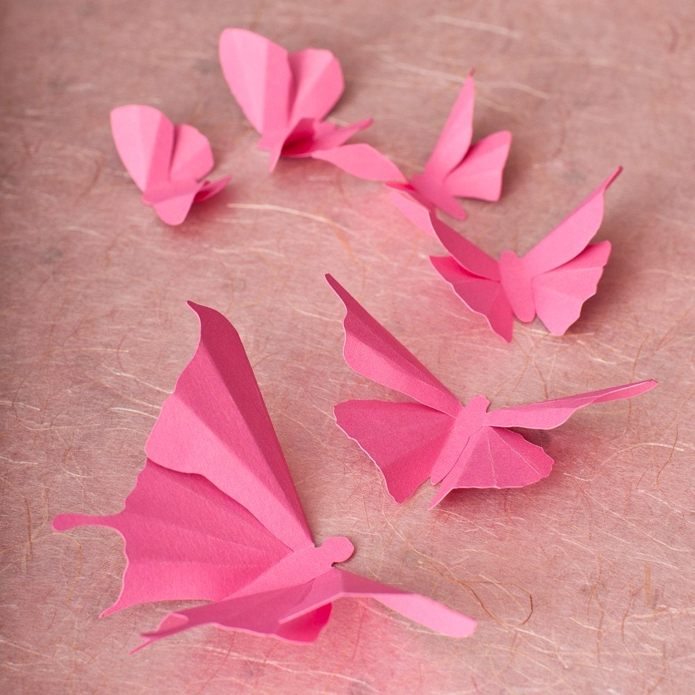 3D Wall Butterflies, 10 Bubblegum Pink Butterfly Silhouettes for Girls Room, Nursery, and Home Art Decor