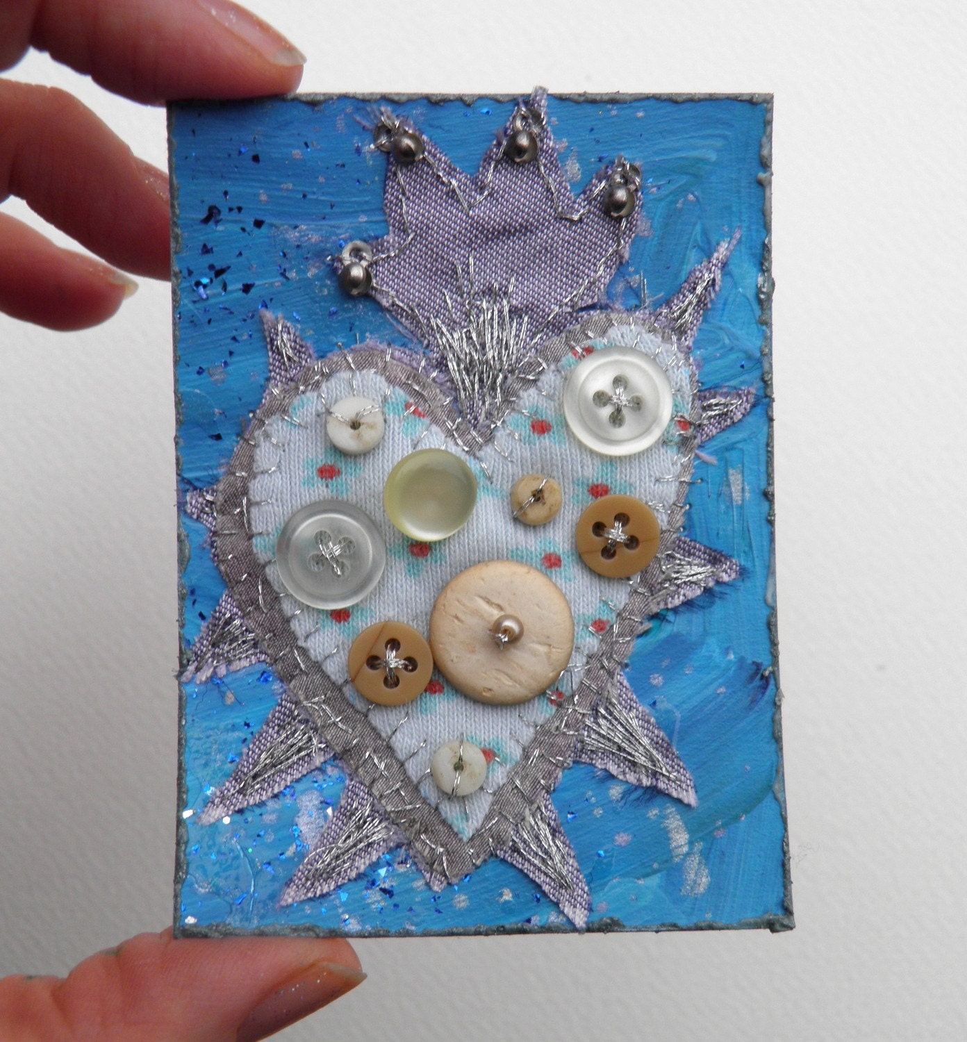 Heart and Thorns, ACEO, Eco -friendly applique art