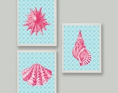 Set 3 Beach Cottage Nursery Girl Seashell Ocean Hot Pink  Turquoise prints choose your color each 8x10 each