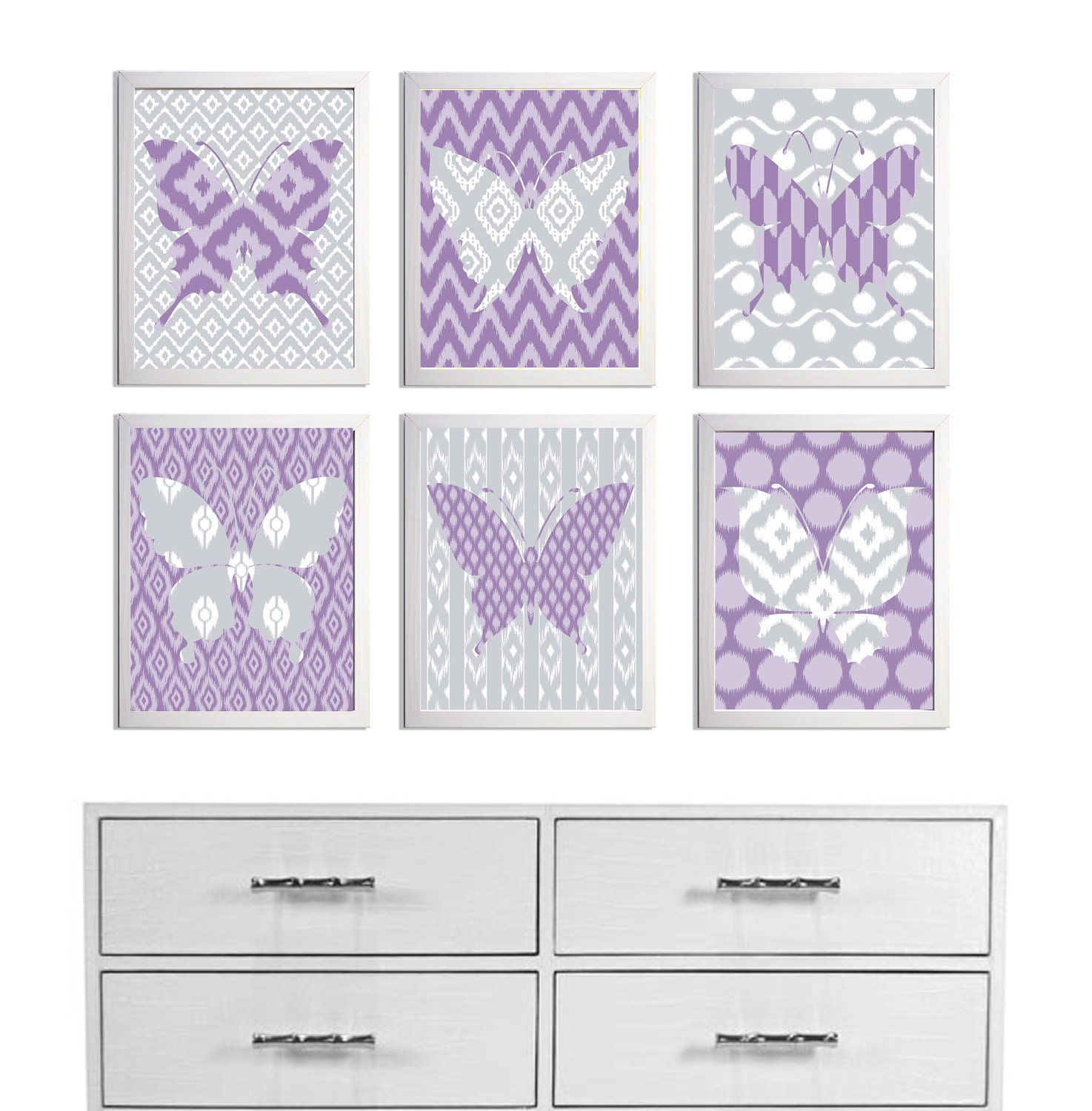 Ikat Butterfly Wall Art Purple Grey set of 6 each size 11x14