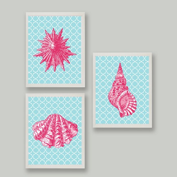 Set 3 Beach Cottage Nursery Girl Seashell Ocean Hot Pink  Turquoise prints choose your color each 11x14 each