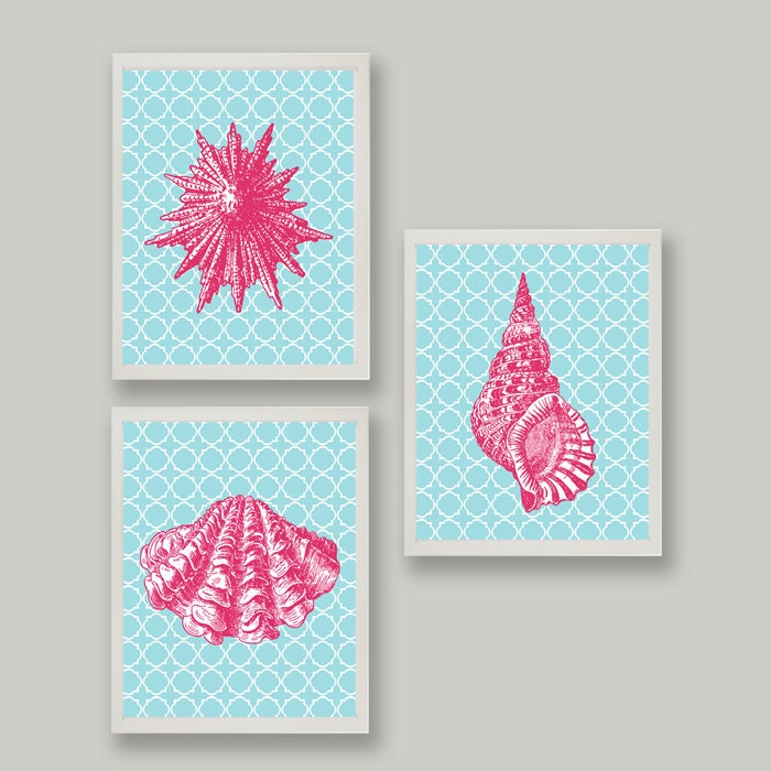 Set 3 Beach Cottage Nursery Girl Seashell Ocean Hot Pink  Turquoise prints choose your color each 11x14 each