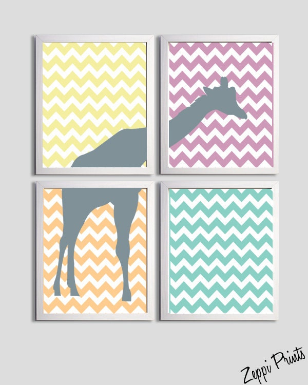 Nursery Boy Art Chevron Yellow Grayl Giraffe set of 4 prints each 8x10