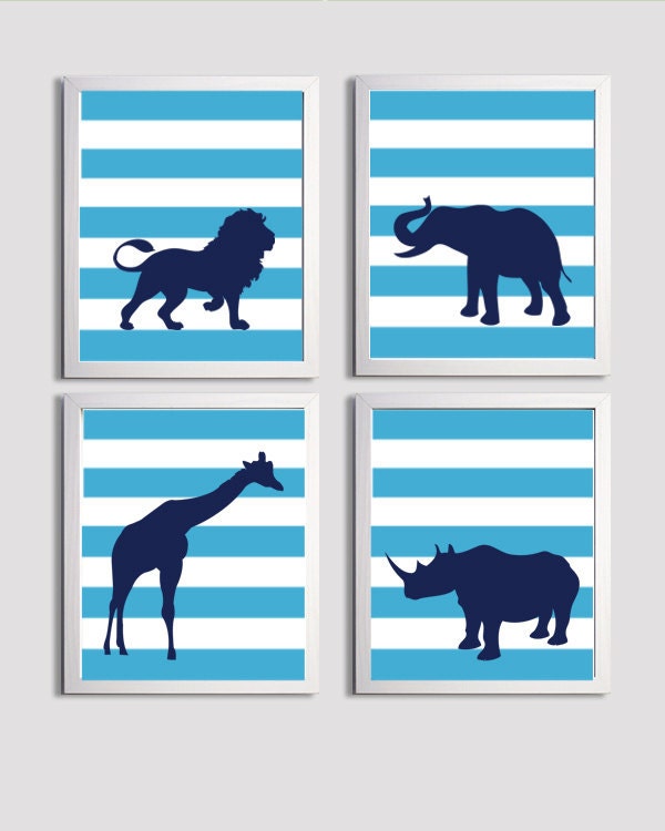 Nursery Art Boy Girl Safari Zoo Jungle Animals Stripe Navy Blue set of 4 each 8x10