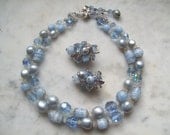 Vintage  Vendome Necklace Earring Demi Parure Set Double 2 Strand Blue Aurora Borealis AB Art Glass Mad Men Style Jewelry