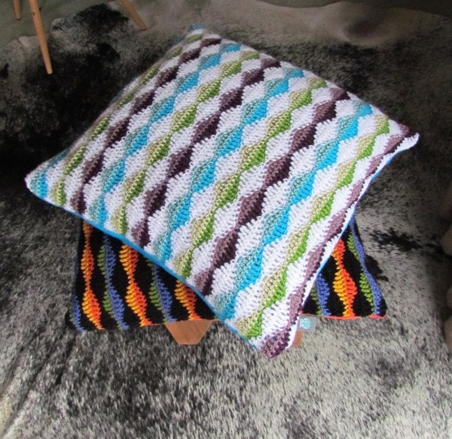 White & Turquoise Wavy Crochet Cushion Cover