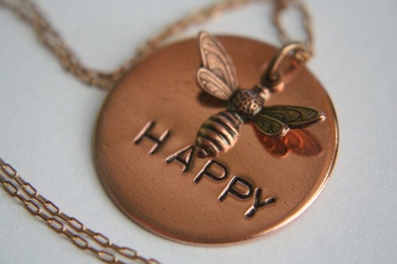 Hand Stamped Pendant Necklace Copper BEE HAPPY Jewelry Be Nice Be Kind Be Sweet Be Good