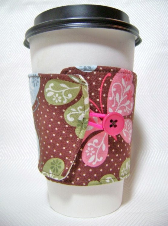 two sided coffee cozy with pink and blue butterflies- great  on iced drinks