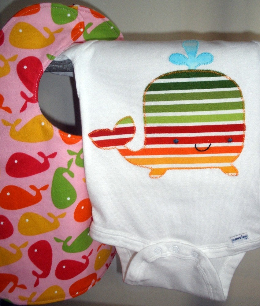 Baby Bib and Onesie with Whales in Pink, Green and Yellow