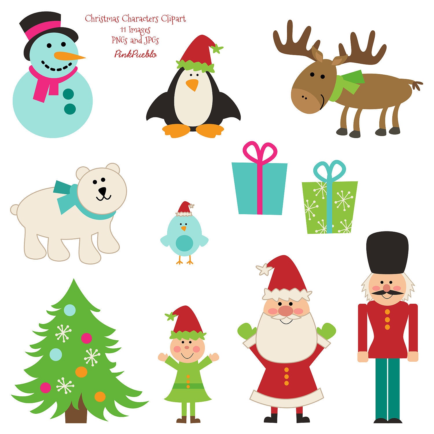 Christmas Clip Art Clipart with Santa, Penguin, Reindeer, Elf Bear and Tree - Commercial Use