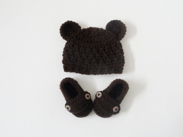 Crocheted Baby Teddy Bear Beanie and Two Button Loafers in Dark Brown (size 0-3, 3-6, 6-9, 9-12 months)