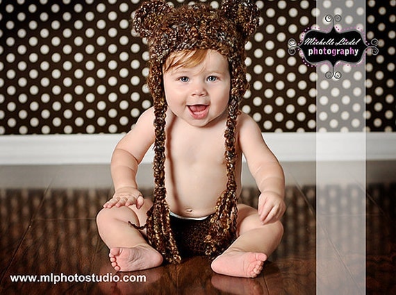 Crocheted Teddy Bear Earflap Hat - Photo Prop (Newborn, 3-6, 6-12 months)