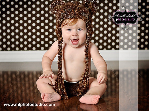Crocheted Teddy Bear Earflap Hat - Photo Prop (Newborn, 3-6, 6-12 months)