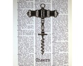Cheers Corkscrew Print on a Vintage Book Page