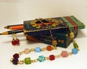 Color Block Wire Wrapped Necklace- Glass Cubes- 2 Piece Set- Handmade Jewelry- Blocks of Color