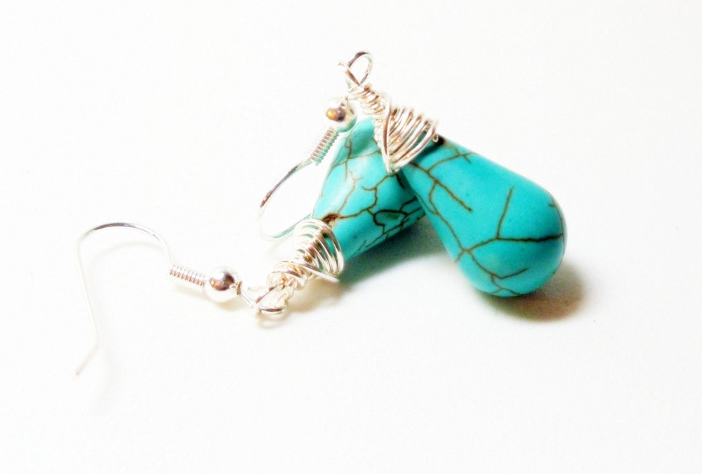 Turquoise Wire Wrapped Earrings- South Western-  Drop- Gemstone- Handmade Jewelry