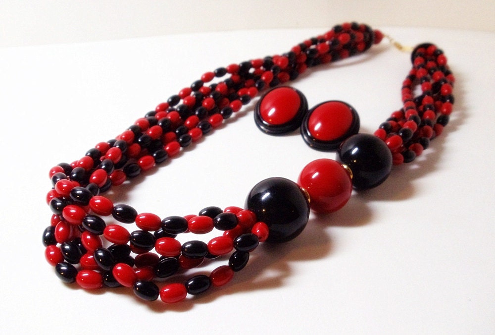 Avon Red And Black Beaded Necklace- 2 Piece Set- Earrings-Multistrand- Vintage Plastic- 1980