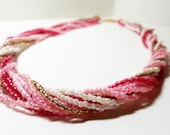 Multistrand Glass Beaded Necklace- Vintage- 10 Strands- Pink- 1980- Choker