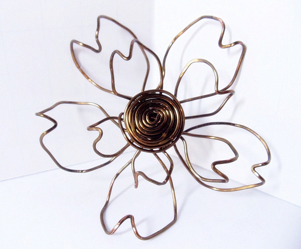 Wire Wrapped Magnetic Brooch- Antiqued Brass Flower- Scarf Pin- Hat Pin- Handmade Jewelry