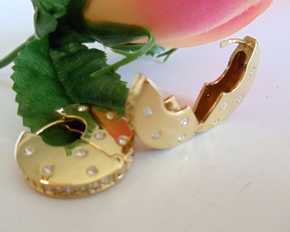 Gold Hinged Earrings- Vintage- Rhinestone- Hoops-  Stunning- Thailand