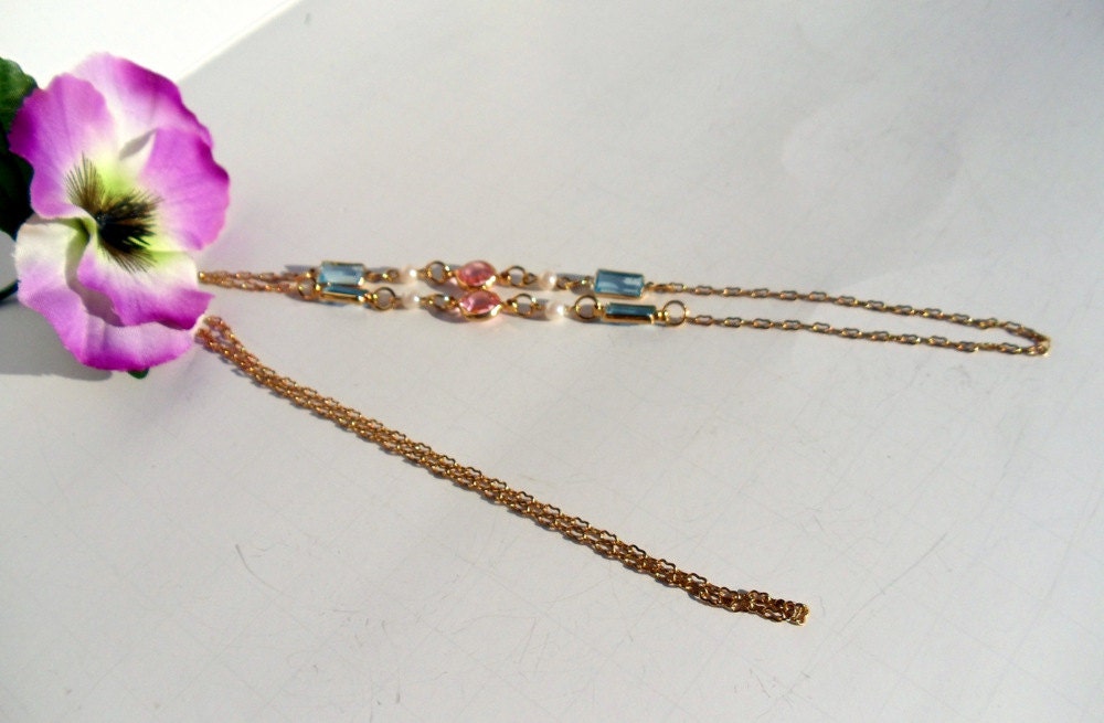 Long Gold Chain  Pearls Faceted Pink Blue Glass 30 Inches