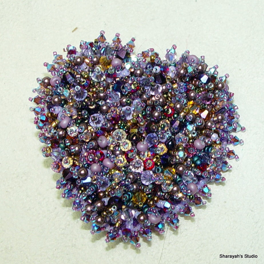 Passionate Purple Heart Bead Embroidered Brooch