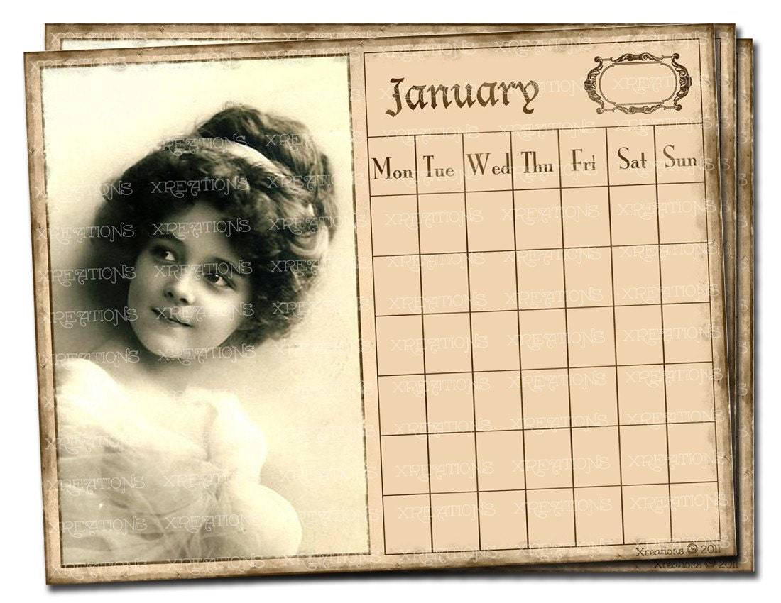 DIY- Printable Wall Calendar with Lovely Vintage Postcard Images - Monthly Organizer