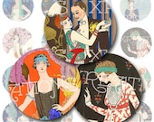 Vintage Flapper, Deco, Fatales Women's Fashion Illustrations in 1 inch circles - Digital Collage Sheet