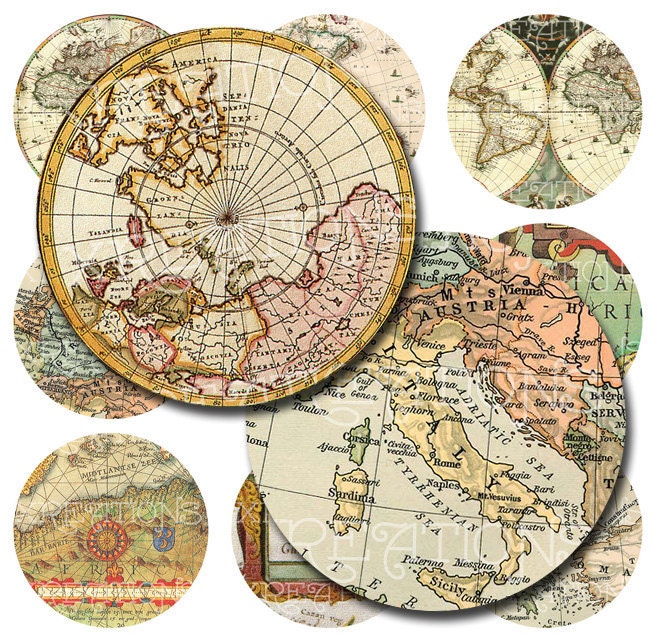 Antique Maps - Vintage Maps from the 1800s to the early 1900s - 1.5inch - 38mm Circles - Digital Collage Sheet