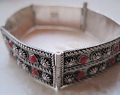 Vintage Middle East Bracelet - Silver and coral Cuff - 900 Silver - Hinged Bracelet - Pin Clasp - 1920s