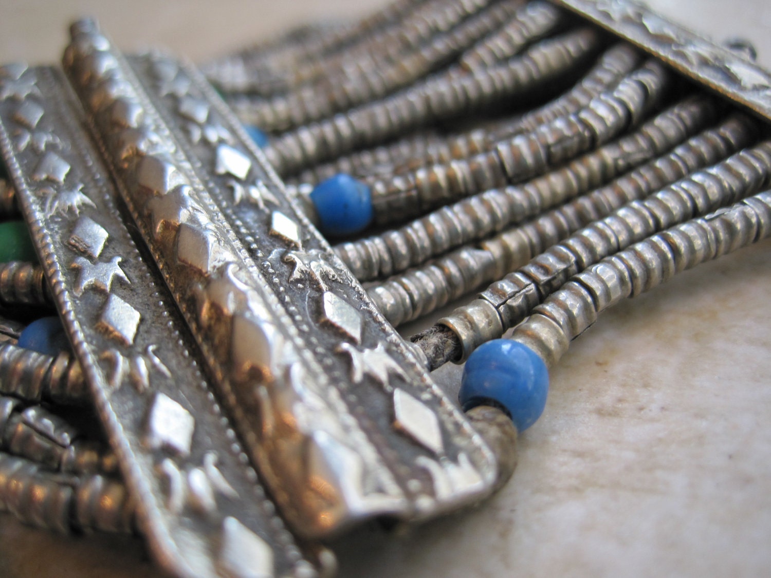 Vintage Middle Eastern Bracelet - Fine Bracelet for Small Wrist - Multi Strand Bracelet with Blue and Green Ceramic Beads