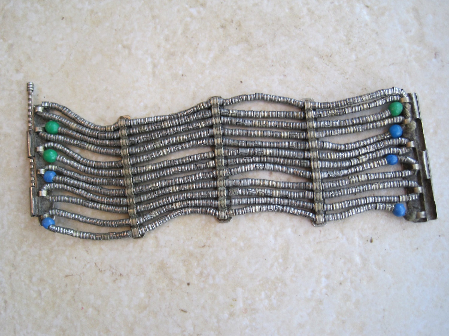 Vintage Middle Eastern Bracelet - Fine Bracelet for Small Wrist - Multi Strand Bracelet with Blue and Green Ceramic Beads