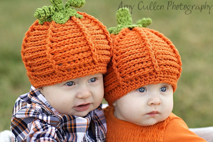 Baby Hat Pumpkin Hats - Twin Pumpkin Hats - Twin Set Halloween Costume Baby Hats -by JoJosBootique