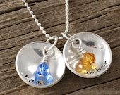 Duo Personalized Sterling Silver name pendant with Birthstones or Pearls - Domed