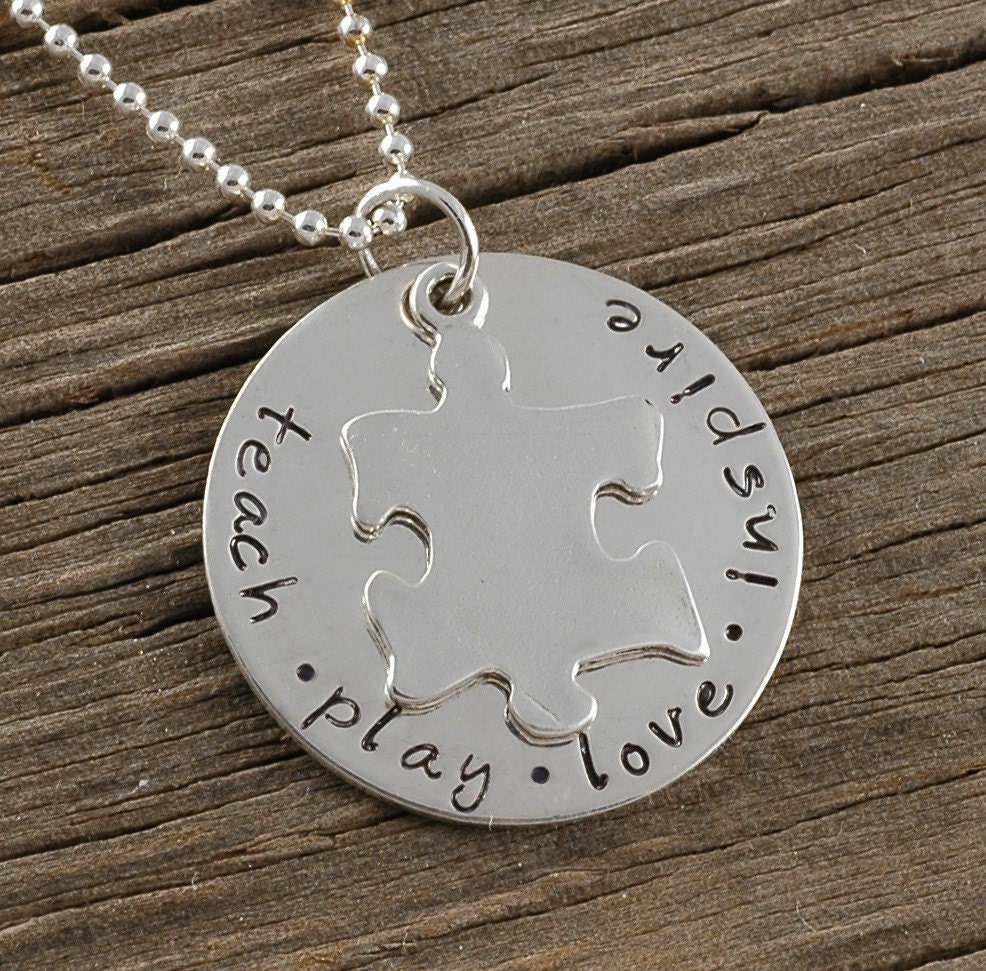 Teach Play Love Inspire - Puzzle Piece - Autism - Hand Stamped Necklace