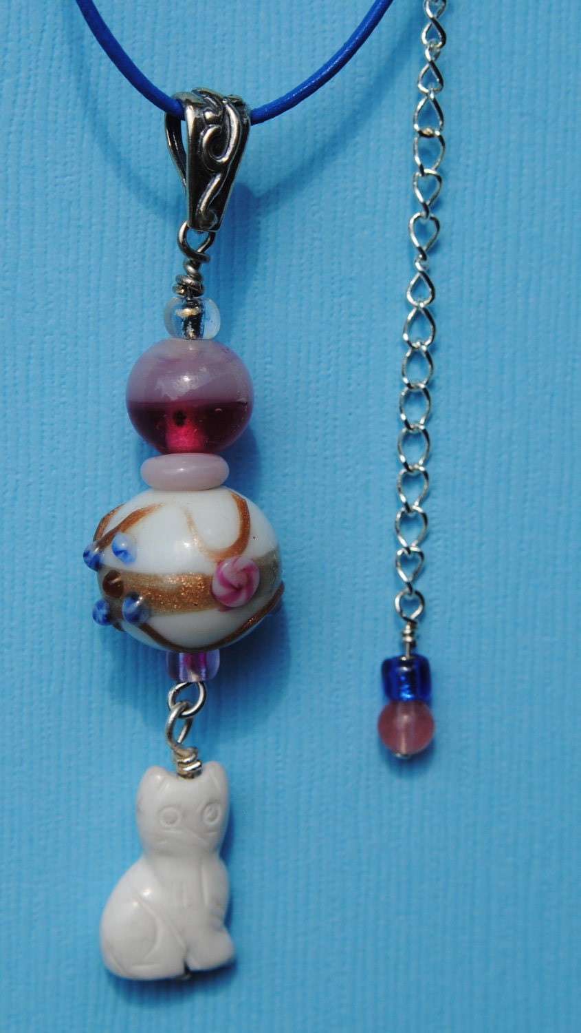 Leather Necklace with Glass Lampwork Focal Bead and White Cat Dangle Charm