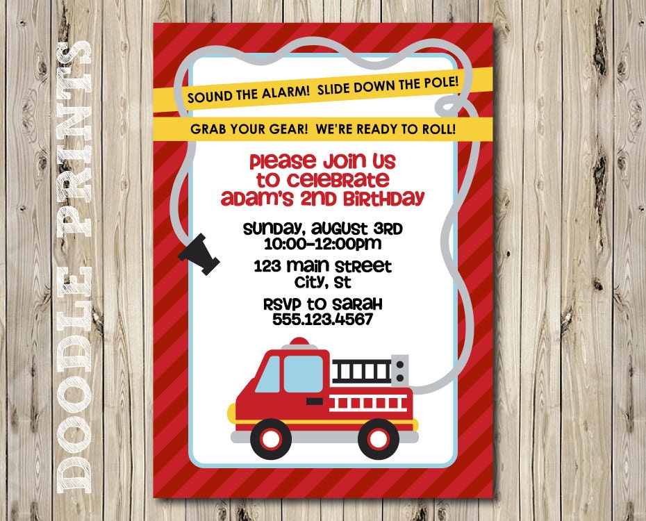 Printable Fire Truck Birthday Party Invitation - Customized Printable Invitation Boy's Party "Fire Alarm Fire Fighter Design" 4x6" or 5x7"