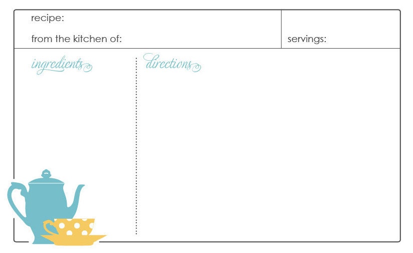 Recipe Card with Tea Pot, Tea Cup and Saucer - Custom Colors available (Afternoon Tea)